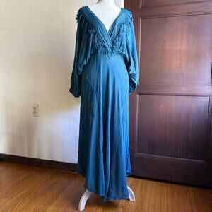 1980s Vintage LAISE ADZER Peacock Blue Textured V Shaped Lagenlook Dress